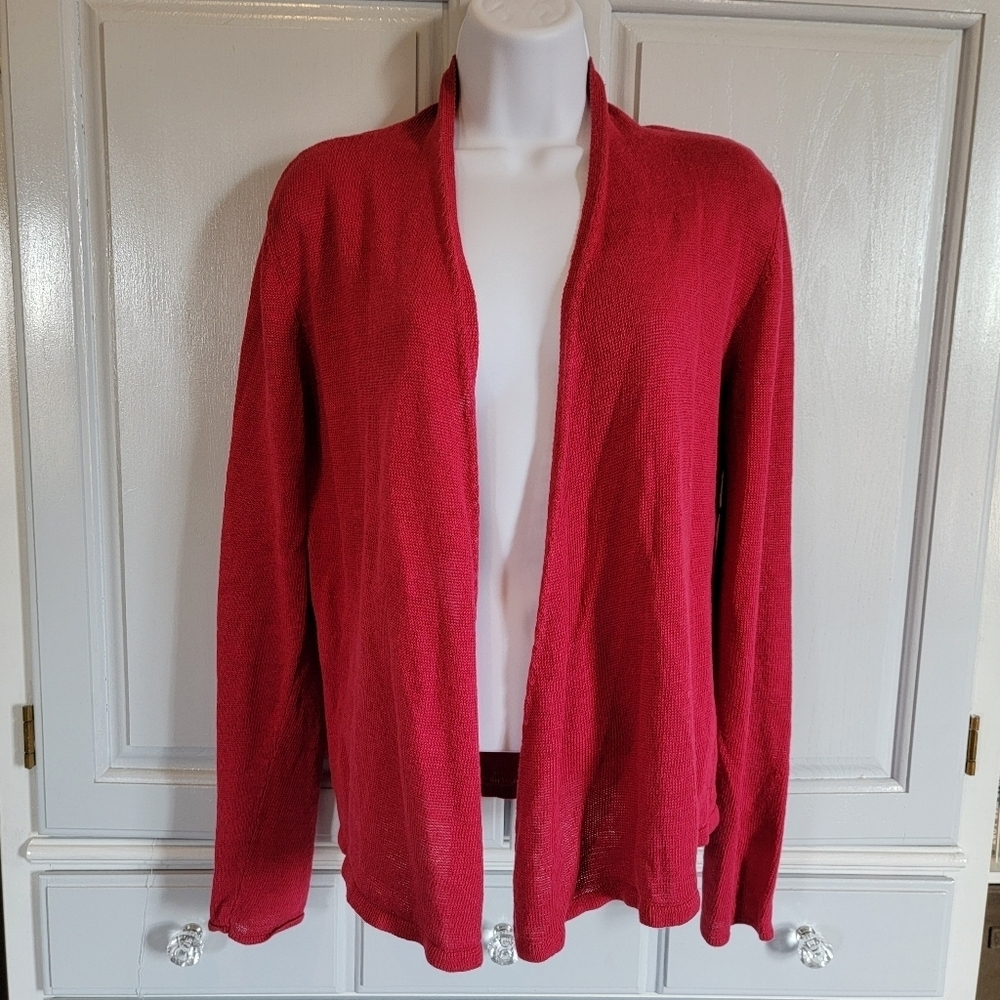 Eileen Fisher 100% Linen Open Cardigan Cherry Red Pop Of Color Classic Size XS